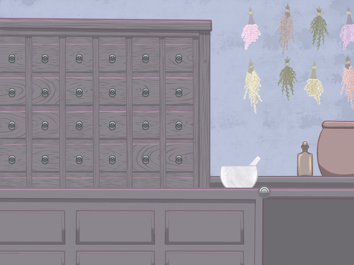 Drawing of wooden cabinet with drawers (an apothecary drawer) and a small table with a mortar and pestle and bottles against a wall with plant/herbal decorations.